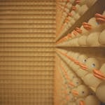 A conceptual display of yellow rubber ducks aligned indoors, creating a fun and playful artistic pattern.